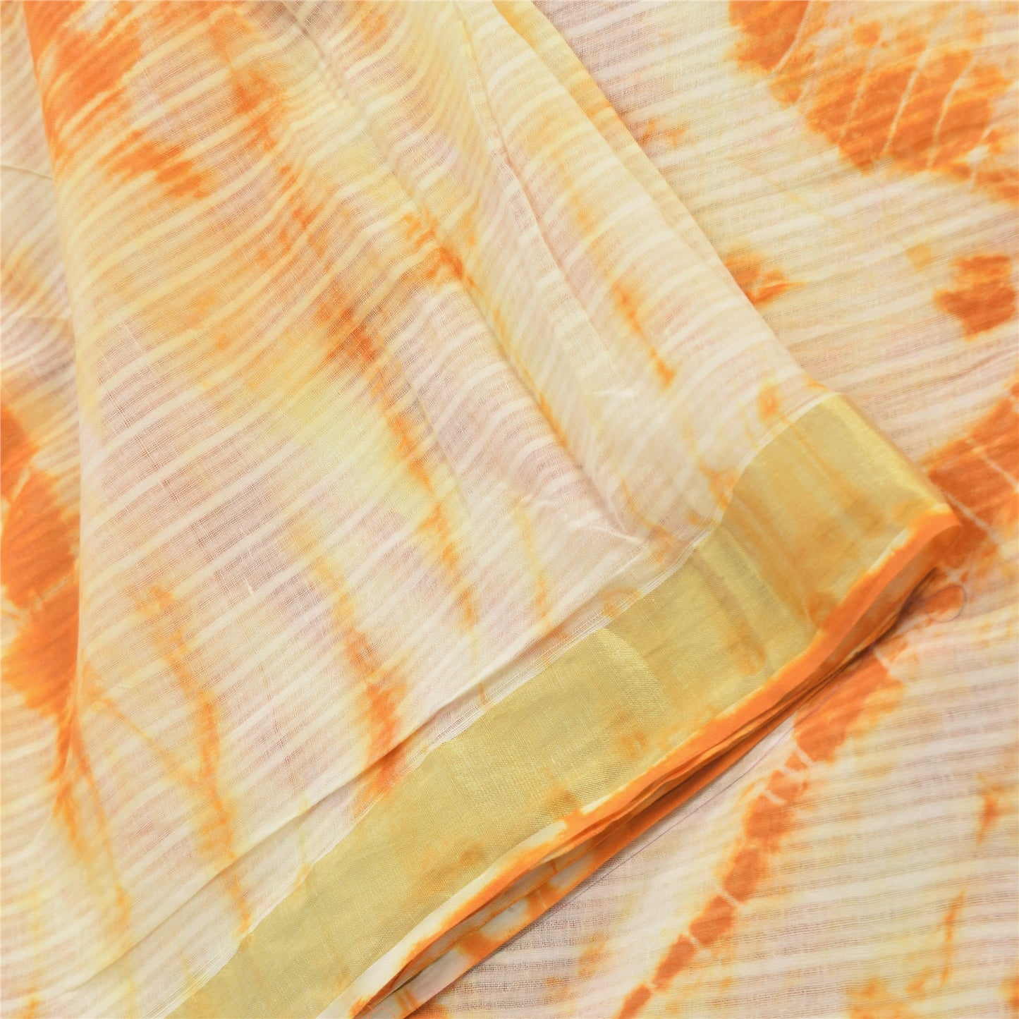 Sanskriti Vintage Sarees Orange/Ivory Tie-Dye Pure Cotton Sari 5yd Craft Fabric