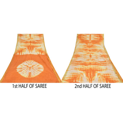 Sanskriti Vintage Sarees Orange/Ivory Tie-Dye Pure Cotton Sari 5yd Craft Fabric