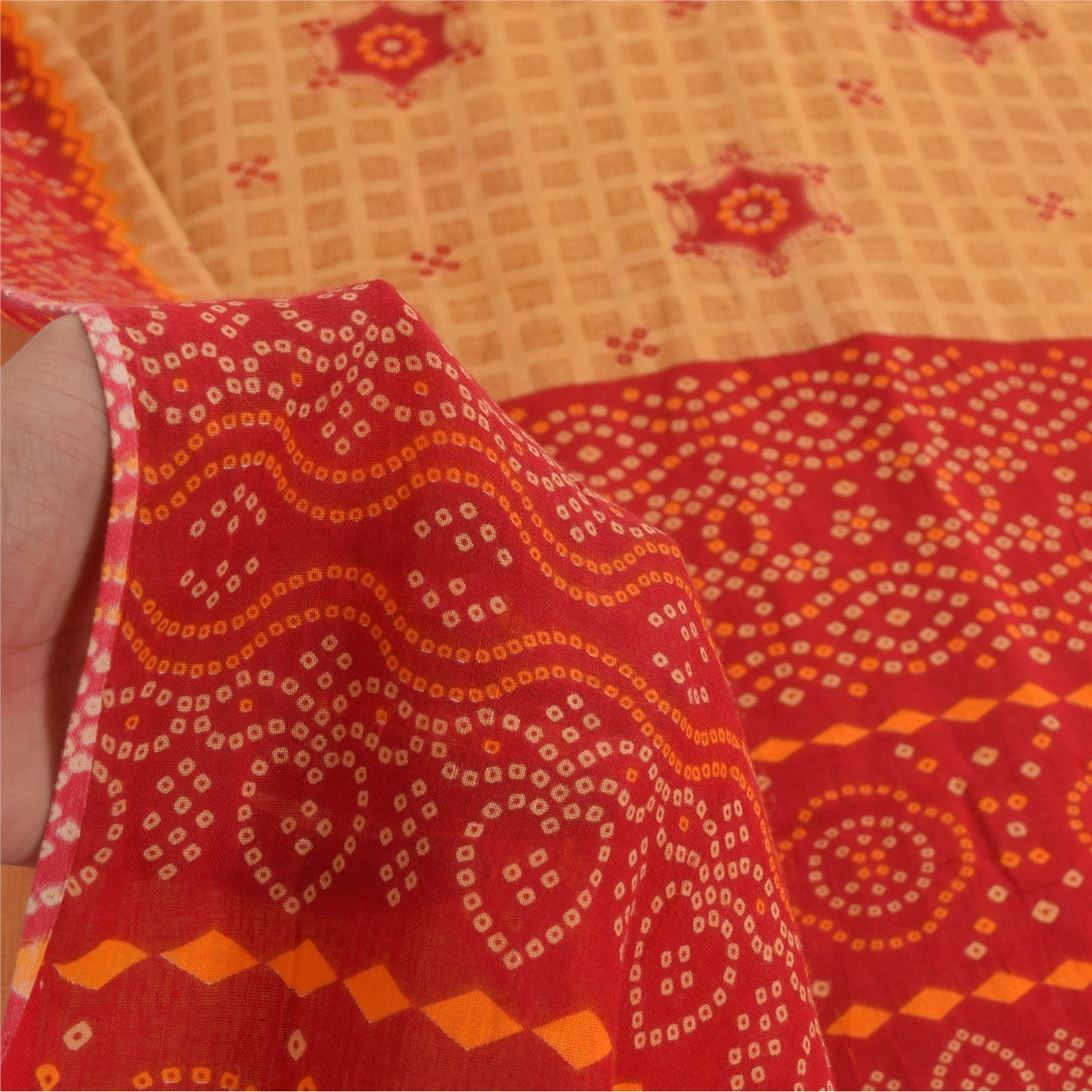 Sanskriti Vintage Sarees Brown/Red Bandhani Pure Cotton Printed Sari 5yd Fabric