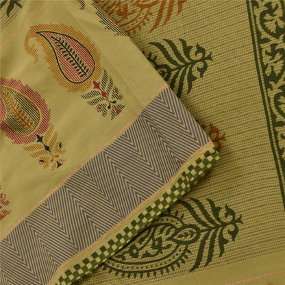 Sanskriti Vintage Sarees Block Printed Cream/Green Pure Cotton Sari 5yd Fabric