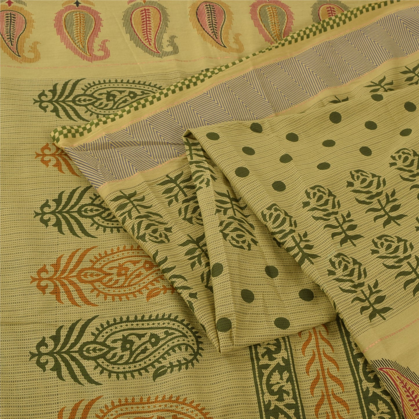 Sanskriti Vintage Sarees Block Printed Cream/Green Pure Cotton Sari 5yd Fabric