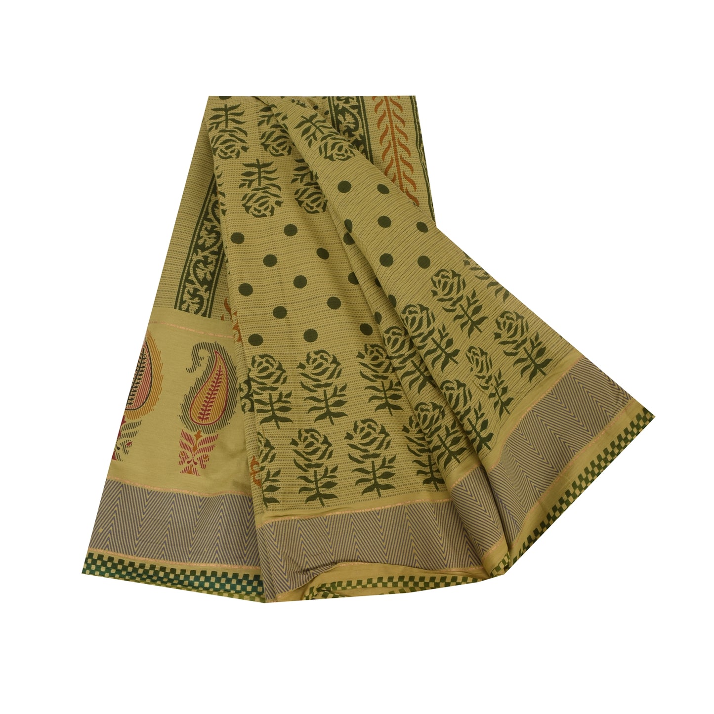 Sanskriti Vintage Sarees Block Printed Cream/Green Pure Cotton Sari 5yd Fabric