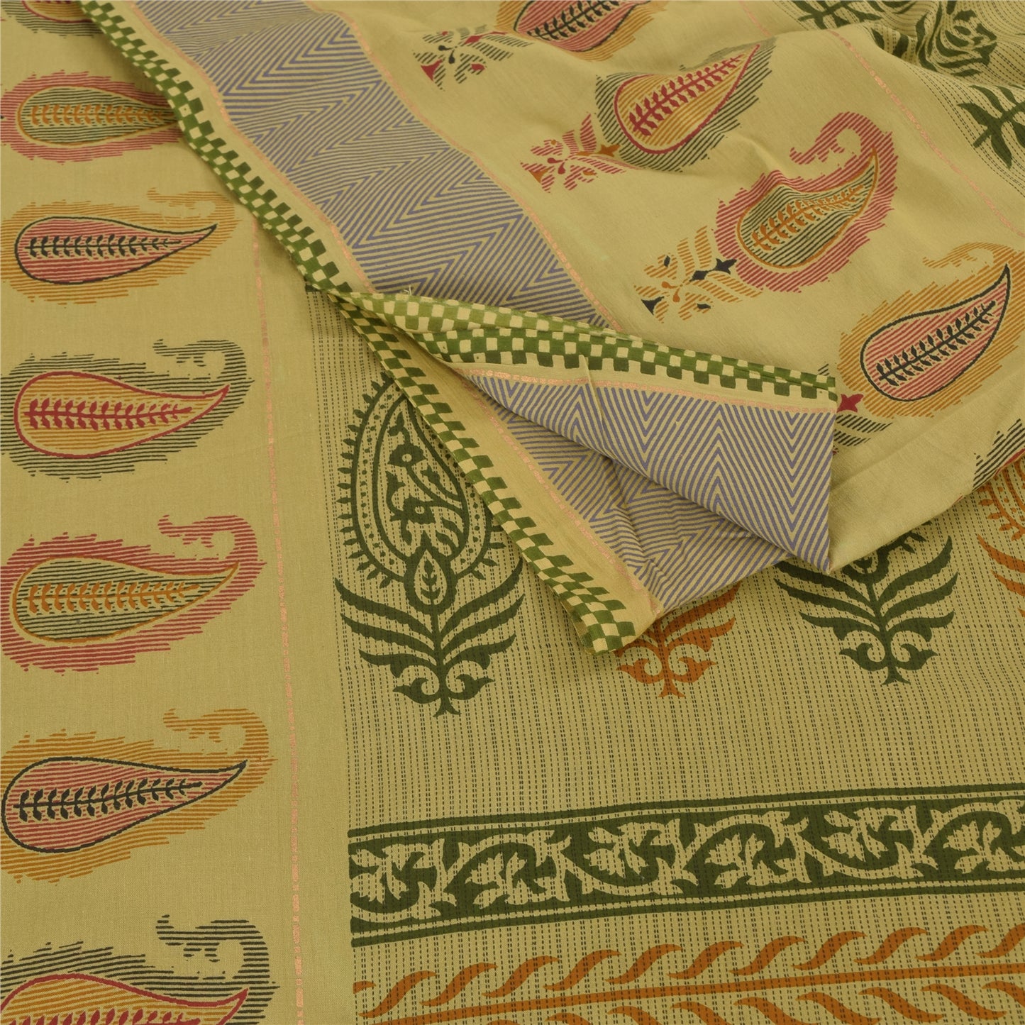 Sanskriti Vintage Sarees Block Printed Cream/Green Pure Cotton Sari 5yd Fabric