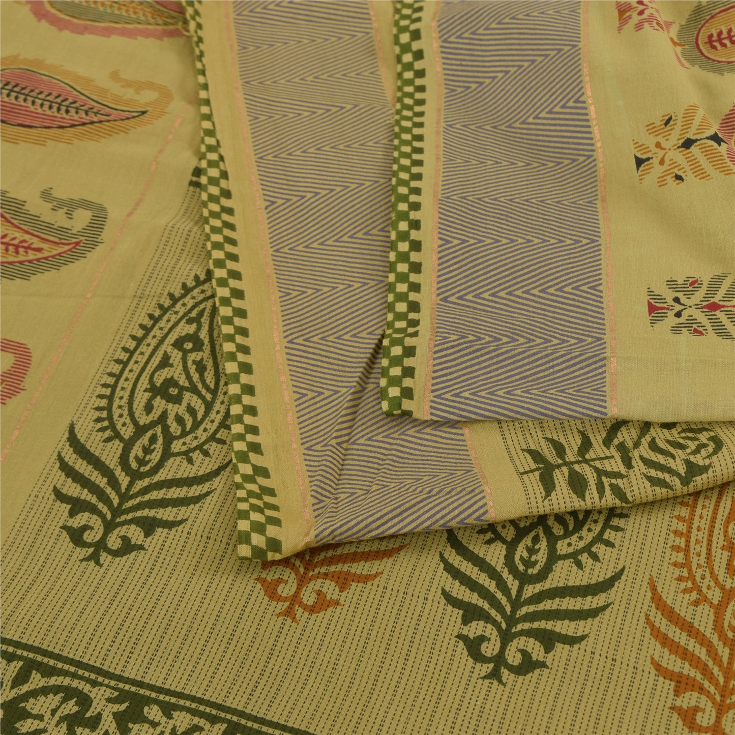 Sanskriti Vintage Sarees Block Printed Cream/Green Pure Cotton Sari 5yd Fabric