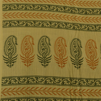 Sanskriti Vintage Sarees Block Printed Cream/Green Pure Cotton Sari 5yd Fabric