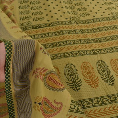 Sanskriti Vintage Sarees Block Printed Cream/Green Pure Cotton Sari 5yd Fabric