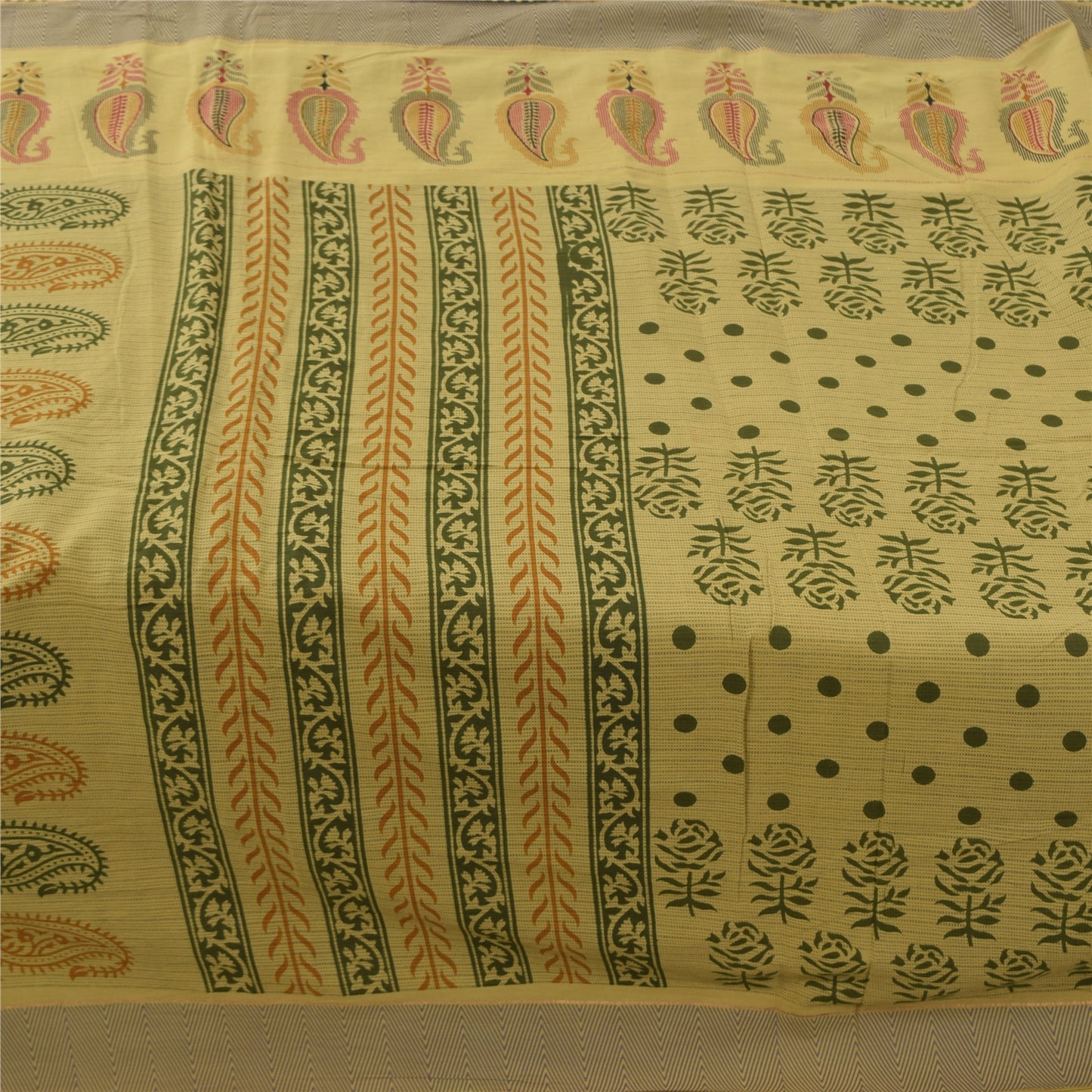 Sanskriti Vintage Sarees Block Printed Cream/Green Pure Cotton Sari 5yd Fabric