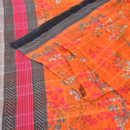 Sanskriti Vintage Sarees Indian Orange Pure Cotton Printed Sari 5yd Craft Fabric