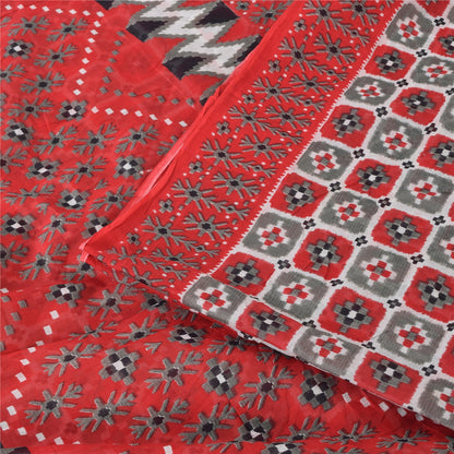 Sanskriti Vintage Sarees Red/Gray 100% Pure Cotton Printed Sari 5yd Craft Fabric