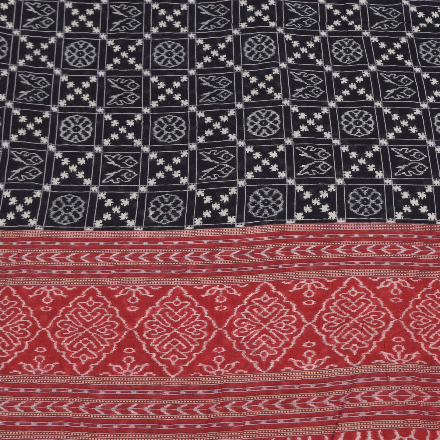 Sanskriti Vintage Sarees Black/Red Pure Cotton Ikat Print Sari 5yd Craft Fabric