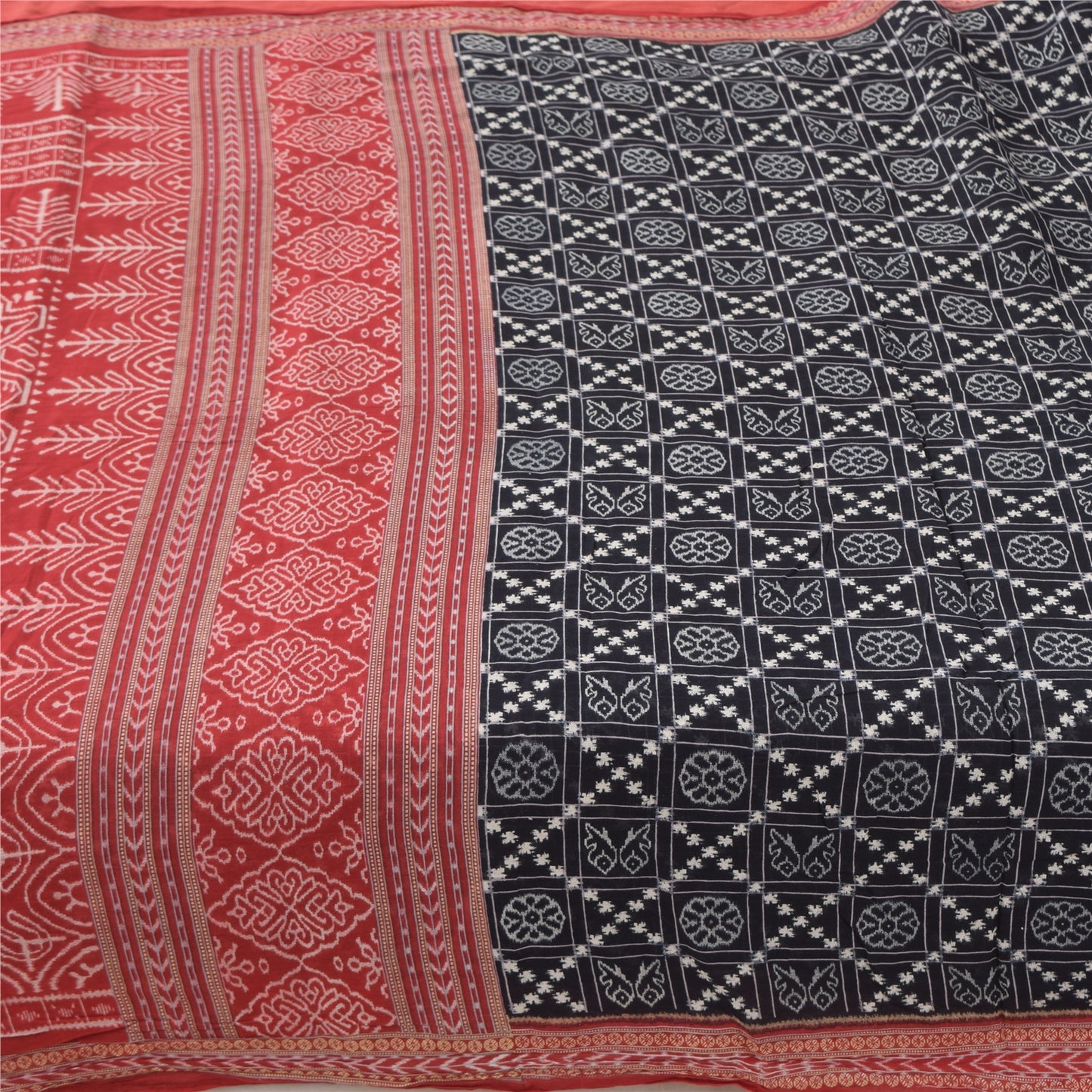 Sanskriti Vintage Sarees Black/Red Pure Cotton Ikat Print Sari 5yd Craft Fabric