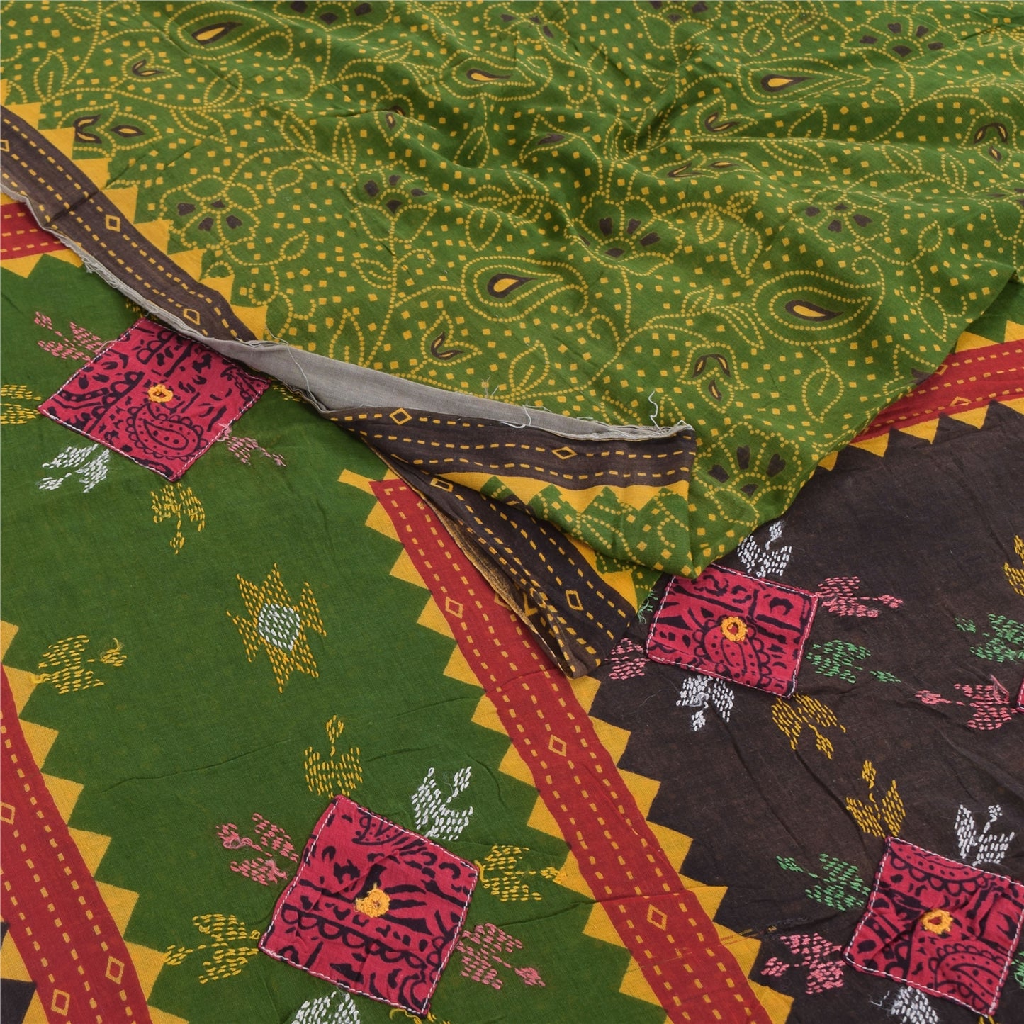 Sanskriti Vintage Sarees Green Hand Embroidered Printed Pure Cotton Sari Fabric