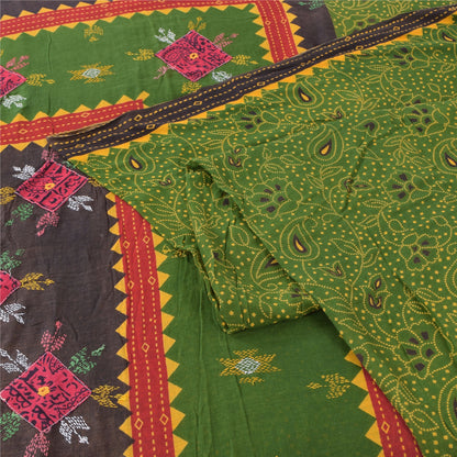 Sanskriti Vintage Sarees Green Hand Embroidered Printed Pure Cotton Sari Fabric