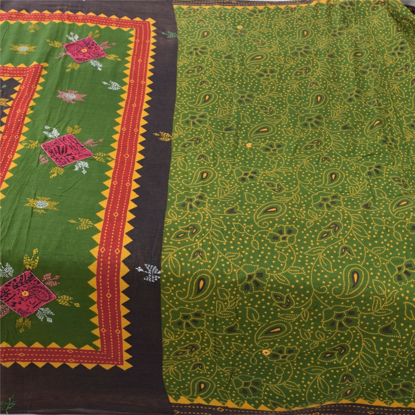 Sanskriti Vintage Sarees Green Hand Embroidered Printed Pure Cotton Sari Fabric