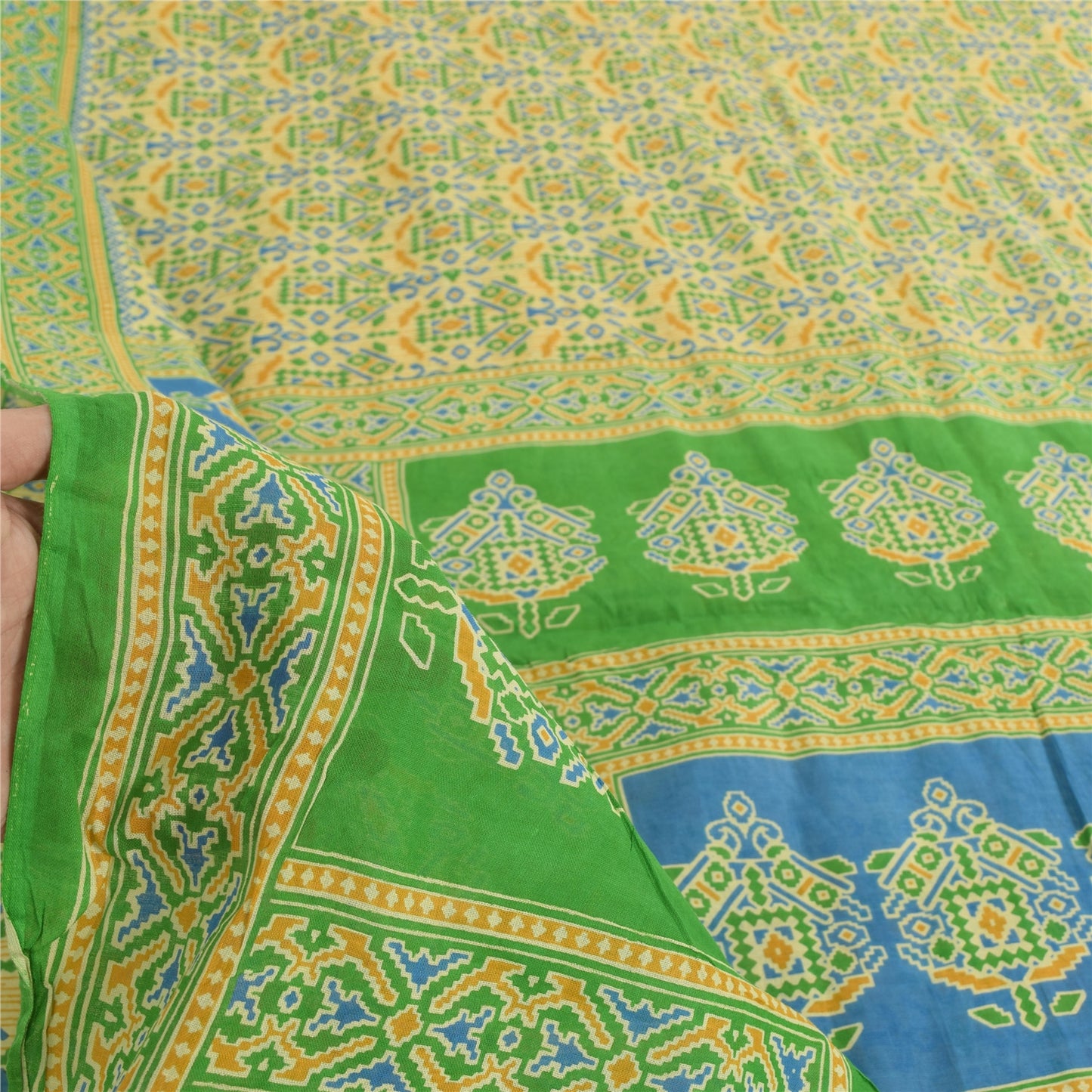 Sanskriti Vintage Sarees Pale-Yellow Pure Cotton Printed Sari 5yd Craft Fabric