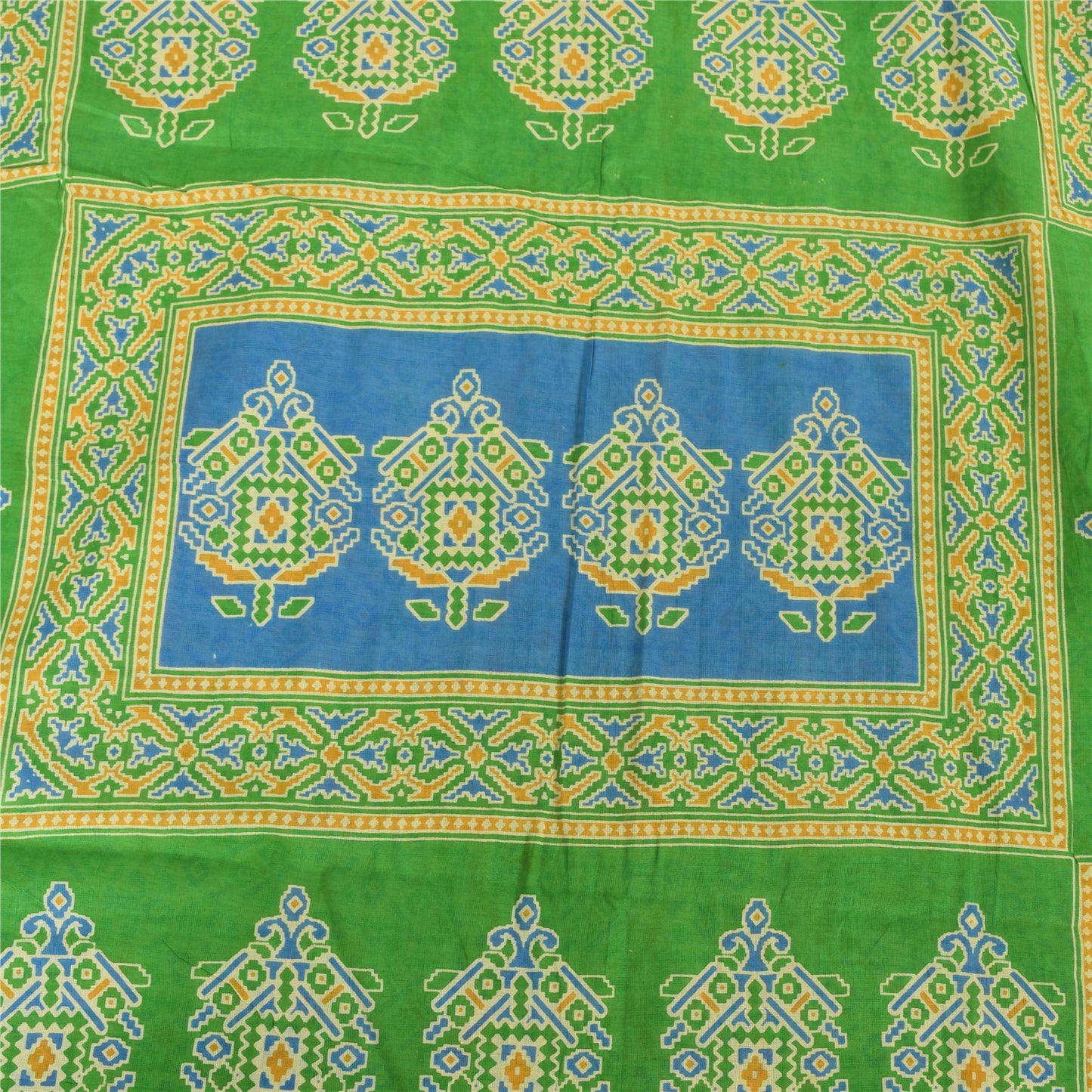 Sanskriti Vintage Sarees Pale-Yellow Pure Cotton Printed Sari 5yd Craft Fabric