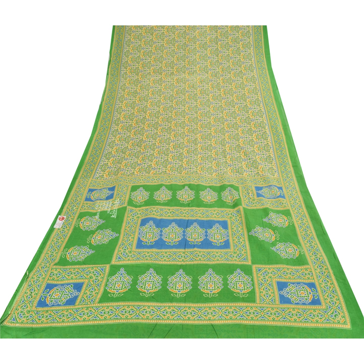 Sanskriti Vintage Sarees Pale-Yellow Pure Cotton Printed Sari 5yd Craft Fabric