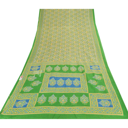 Sanskriti Vintage Sarees Pale-Yellow Pure Cotton Printed Sari 5yd Craft Fabric