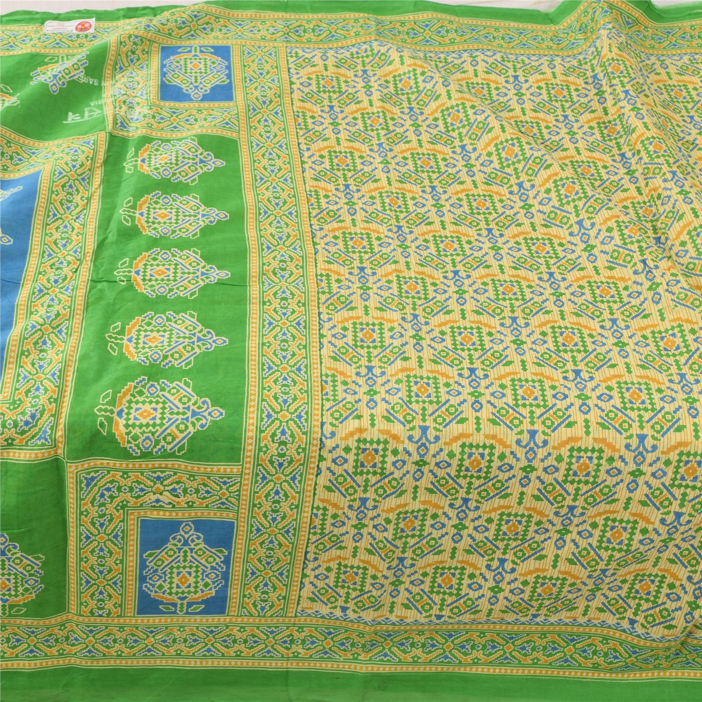 Sanskriti Vintage Sarees Pale-Yellow Pure Cotton Printed Sari 5yd Craft Fabric