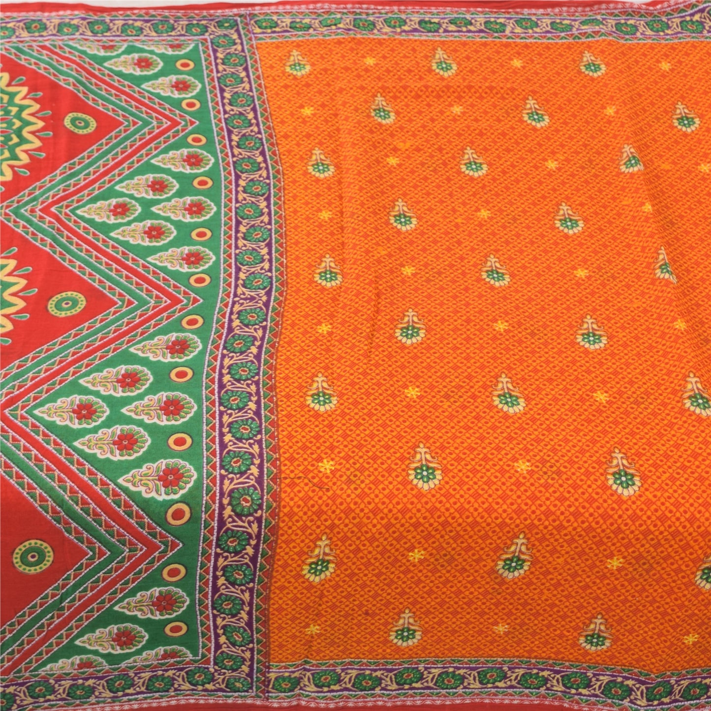 Sanskriti Vintage Sarees Indian Orange Pure Cotton Printed Sari 5yd Craft Fabric