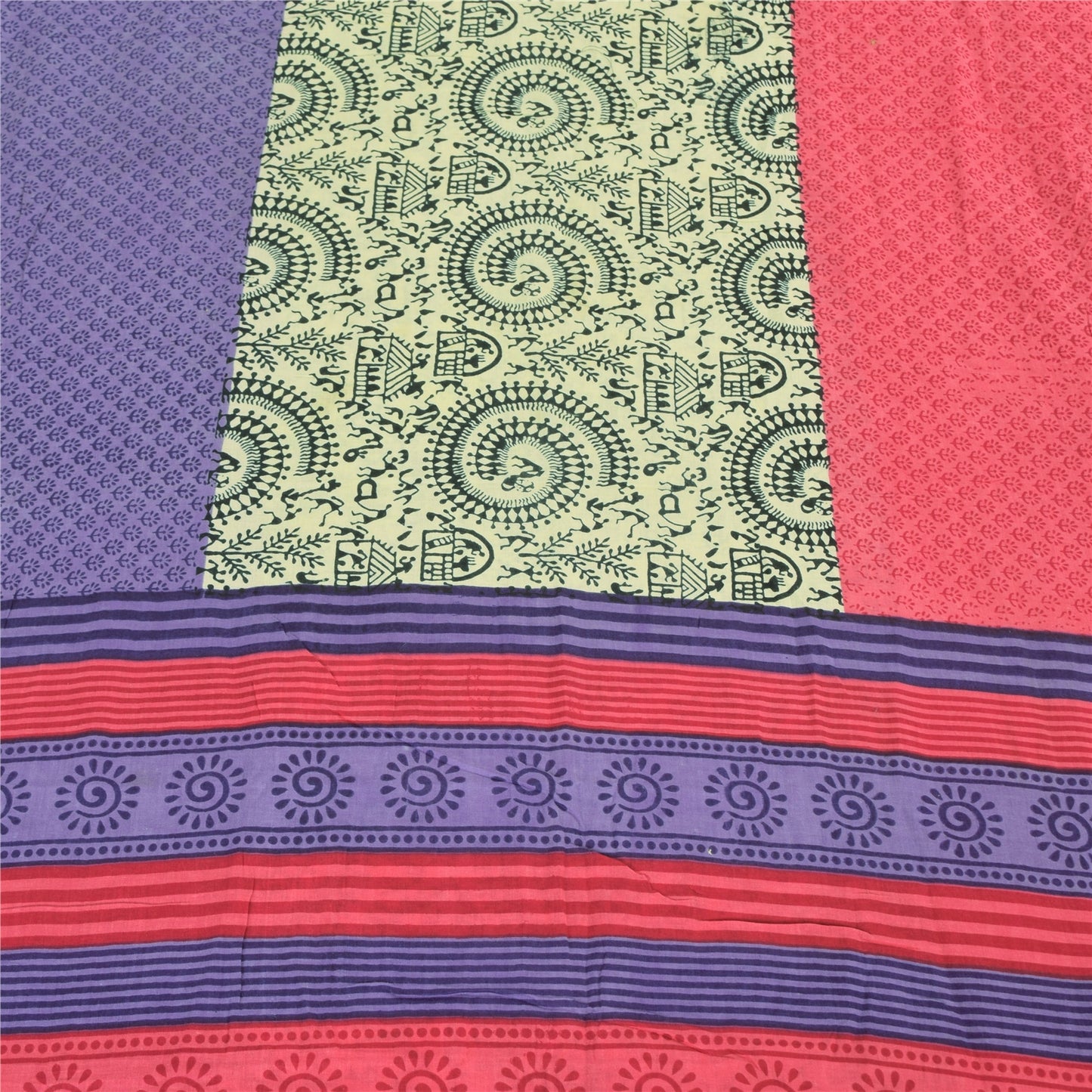 Sanskriti Vintage Sarees Indian Multi Pure Cotton Printed Sari 5yd Craft Fabric