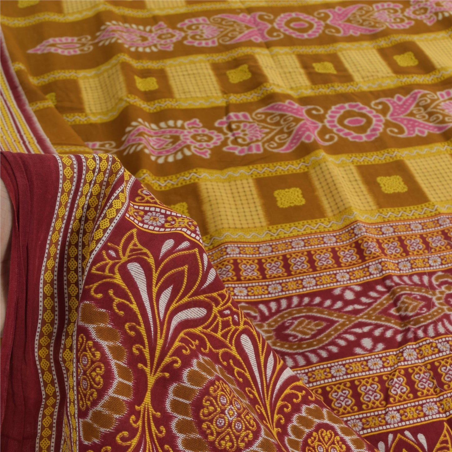 Sanskriti Vintage Sarees Mustard/Purple Pure Cotton Print Sari 5yd Craft Fabric