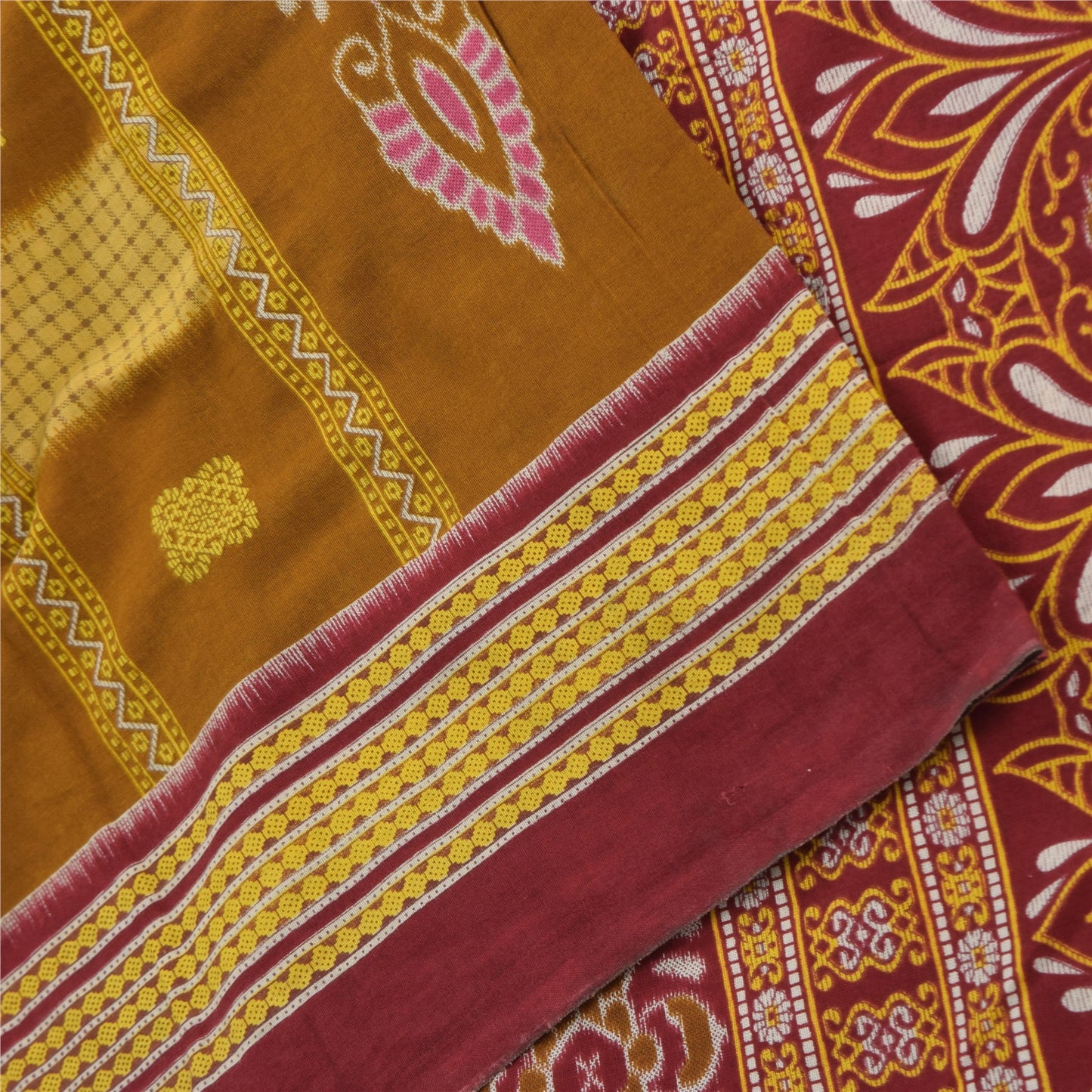 Sanskriti Vintage Sarees Mustard/Purple Pure Cotton Print Sari 5yd Craft Fabric