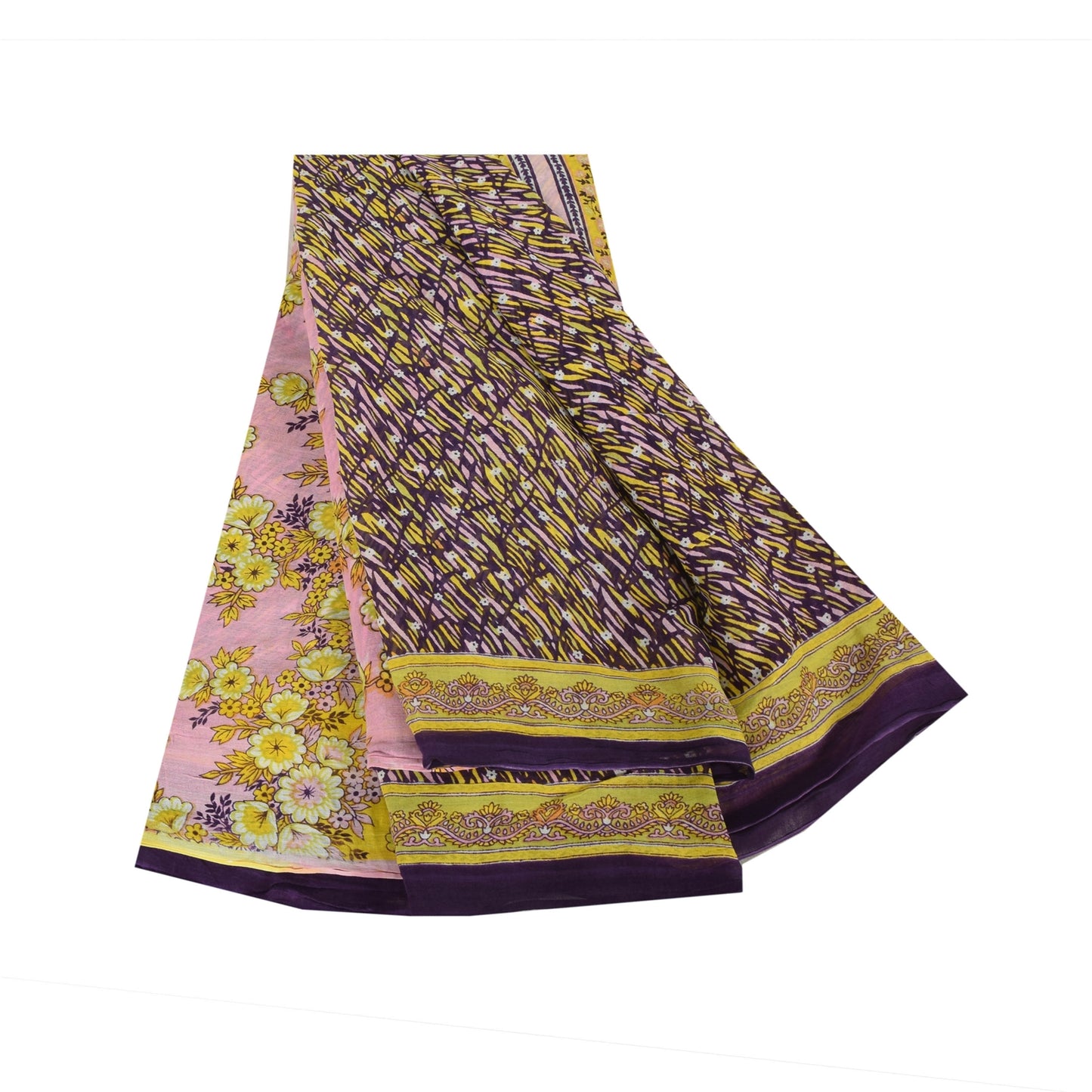 Sanskriti Vintage Sarees Indian Purple Pure Cotton Printed Sari 5yd Craft Fabric