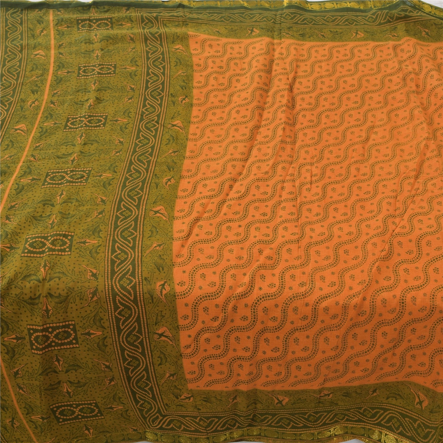 Sanskriti Vintage Sarees Saffron/Green Pure Cotton Printed Sari 5yd Craft Fabric