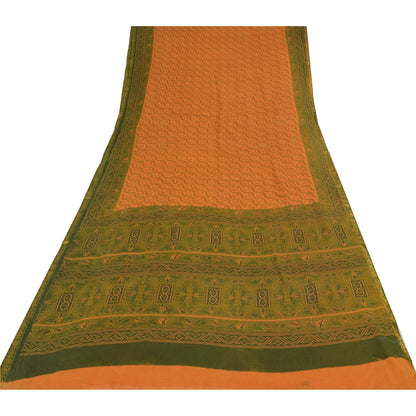 Sanskriti Vintage Sarees Saffron/Green Pure Cotton Printed Sari 5yd Craft Fabric