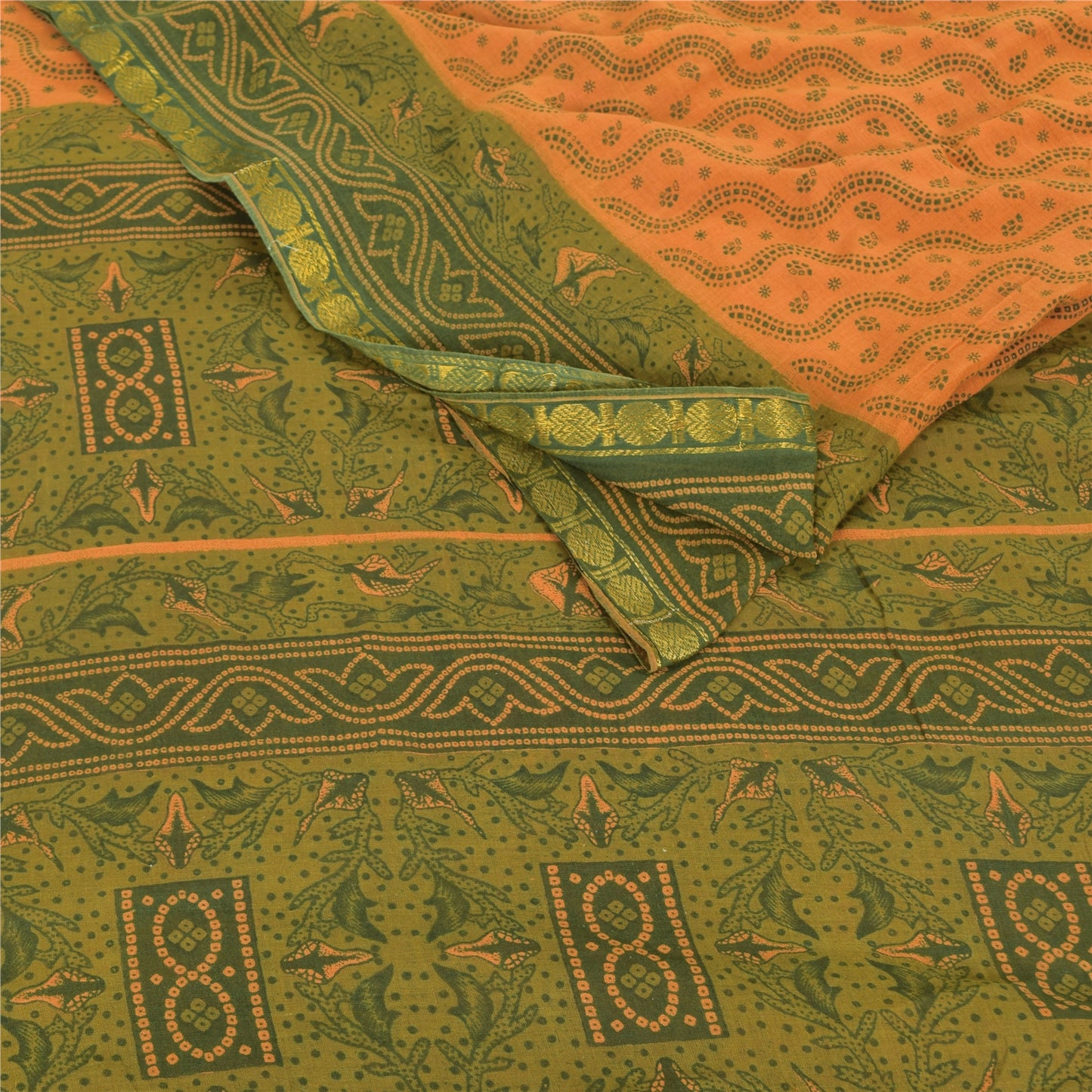 Sanskriti Vintage Sarees Saffron/Green Pure Cotton Printed Sari 5yd Craft Fabric