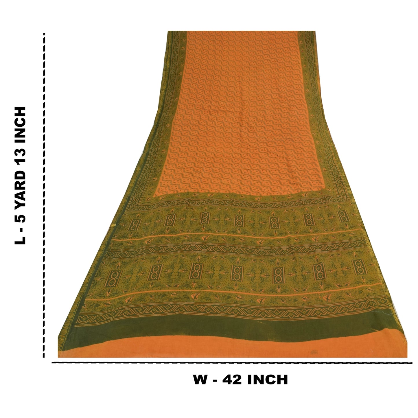 Sanskriti Vintage Sarees Saffron/Green Pure Cotton Printed Sari 5yd Craft Fabric