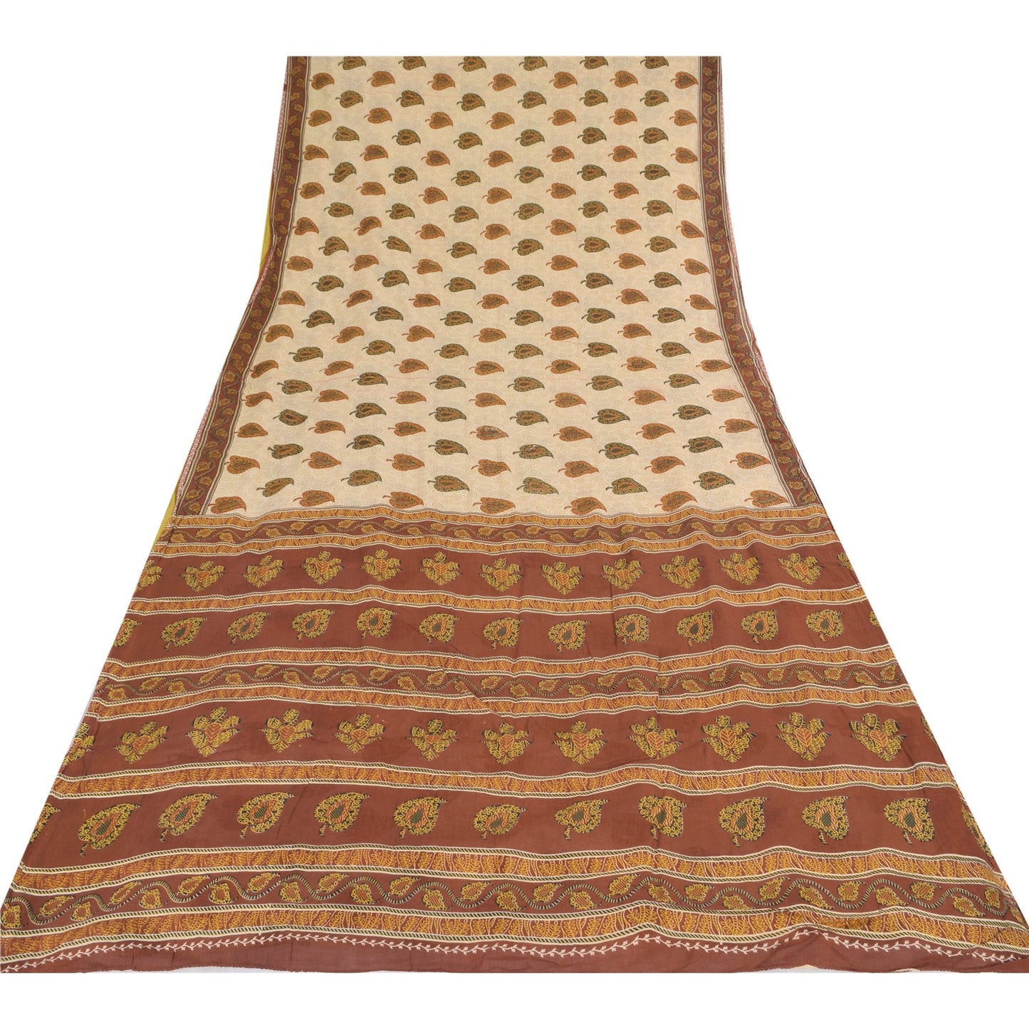 Sanskriti Vintage Sarees Cream/Brown Pure Cotton Printed Sari 5yd Craft Fabric