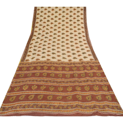 Sanskriti Vintage Sarees Cream/Brown Pure Cotton Printed Sari 5yd Craft Fabric