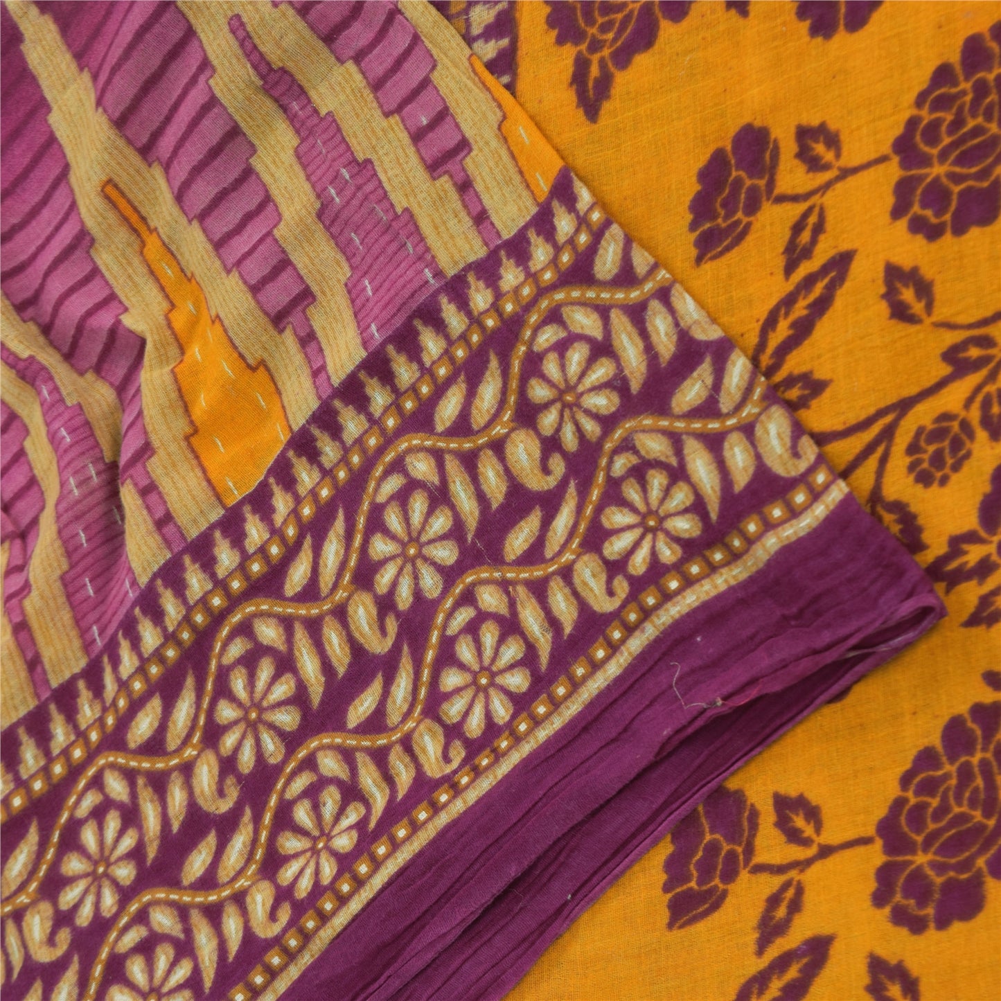 Sanskriti Vintage Sarees Indian Purple Pure Cotton Printed Sari 5yd Craft Fabric