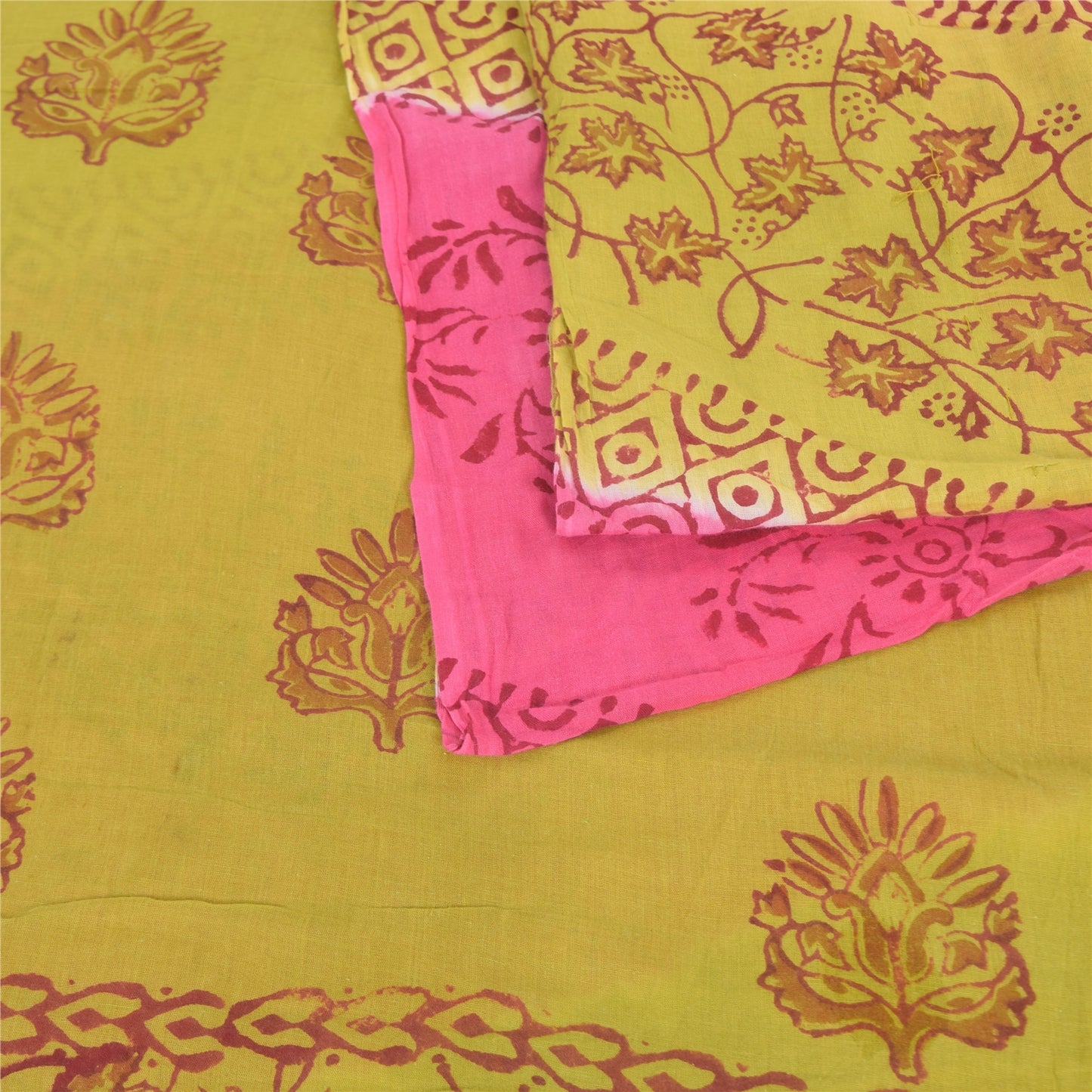 Sanskriti Vintage Sarees Green/Pink Hand Block Printed Pure Cotton Sari Fabric