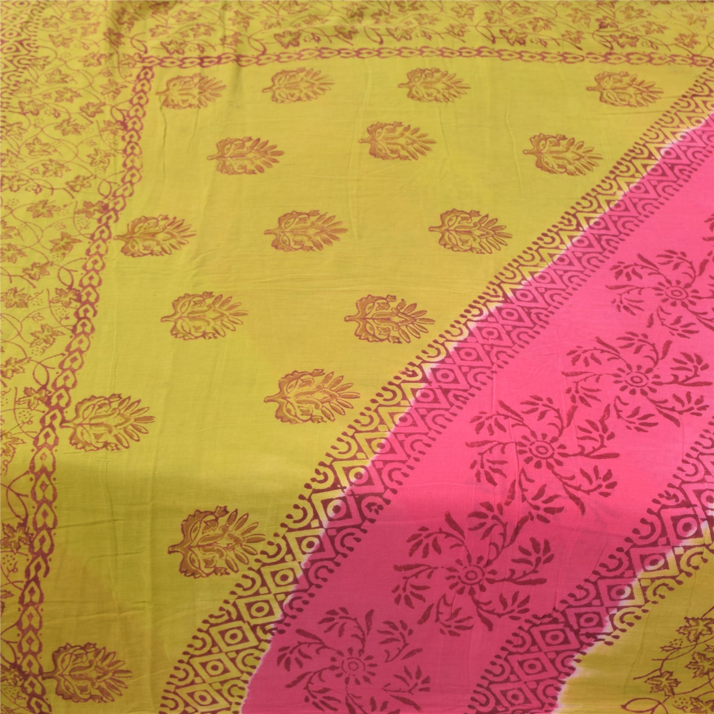 Sanskriti Vintage Sarees Green/Pink Hand Block Printed Pure Cotton Sari Fabric