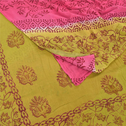 Sanskriti Vintage Sarees Green/Pink Hand Block Printed Pure Cotton Sari Fabric