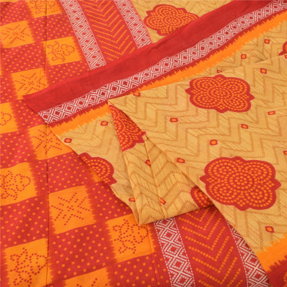 Sanskriti Vintage Sarees Red/Beige Pure Cotton Bandhani Print Sari Craft Fabric