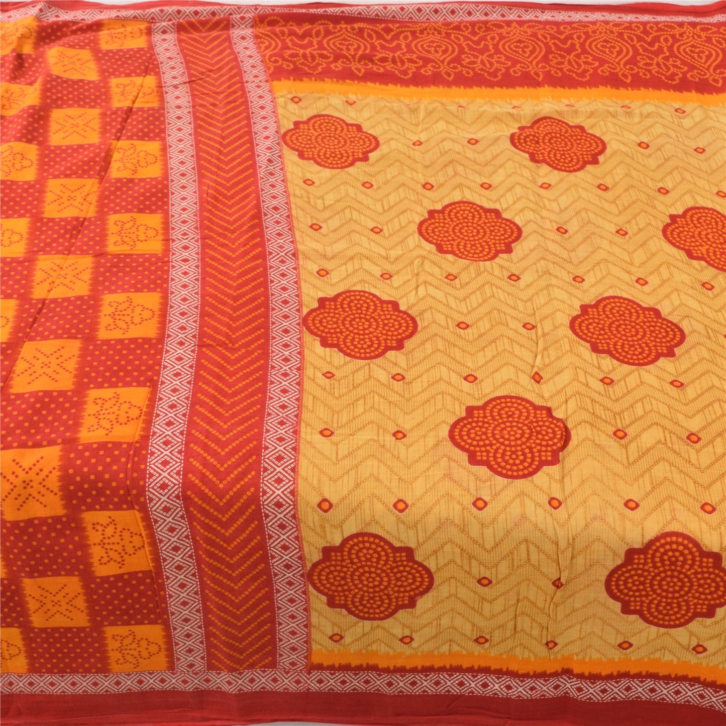 Sanskriti Vintage Sarees Red/Beige Pure Cotton Bandhani Print Sari Craft Fabric