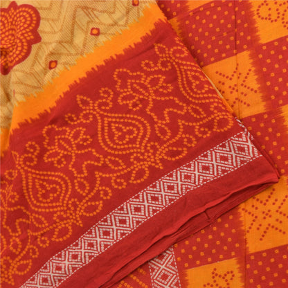 Sanskriti Vintage Sarees Red/Beige Pure Cotton Bandhani Print Sari Craft Fabric