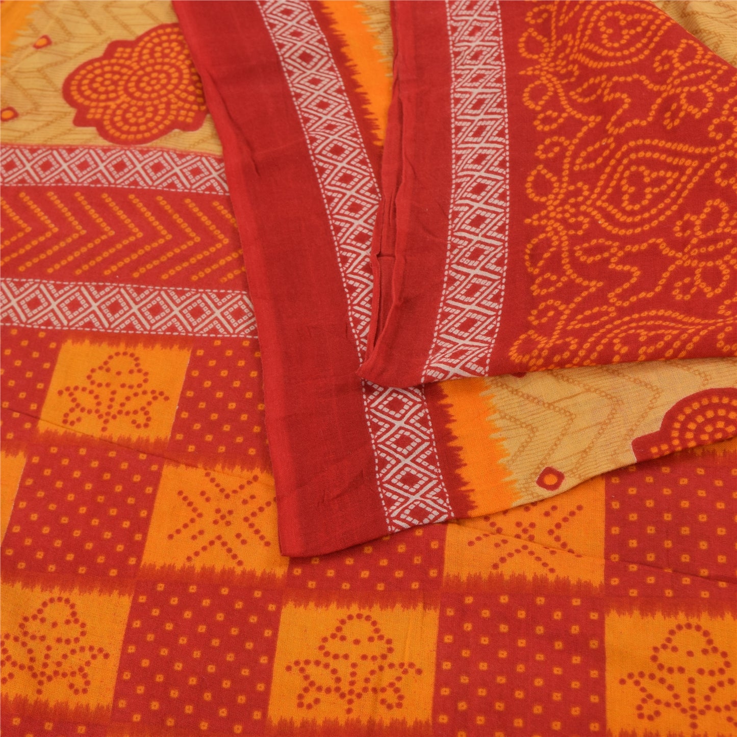 Sanskriti Vintage Sarees Red/Beige Pure Cotton Bandhani Print Sari Craft Fabric