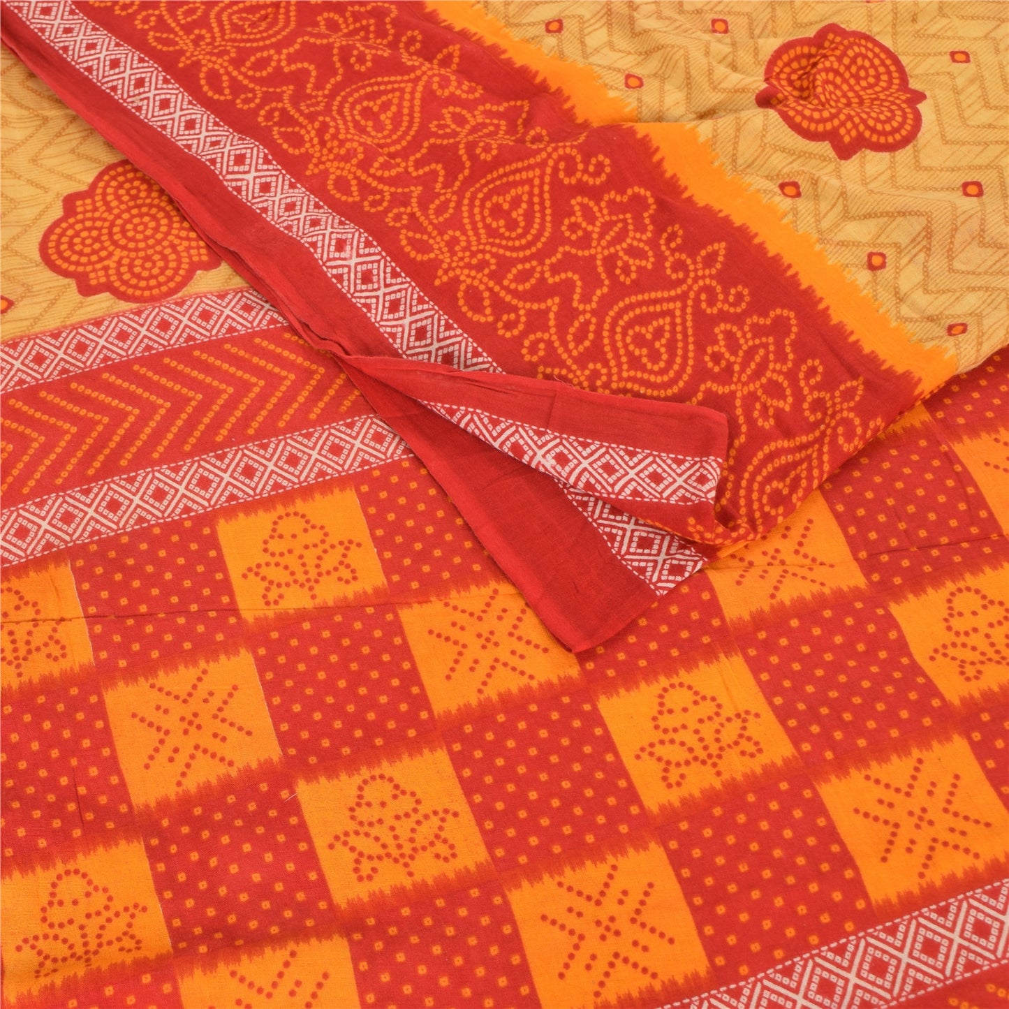 Sanskriti Vintage Sarees Red/Beige Pure Cotton Bandhani Print Sari Craft Fabric