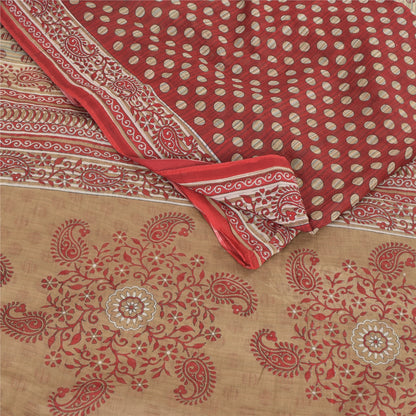 Sanskriti Vintage Sarees Cream/Red Pure Cotton Printed Sari 8 Yard Craft Fabric