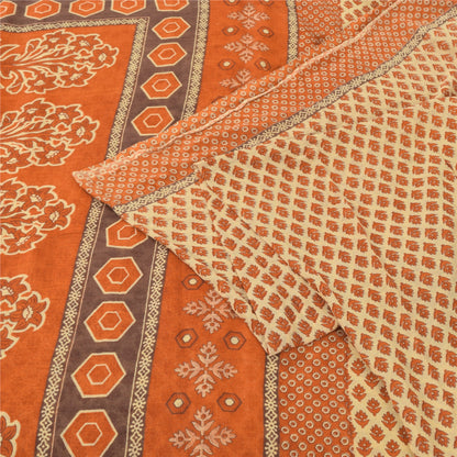 Sanskriti Vintage Sarees Cream/Orange Pure Cotton Printed Sari 5yd Craft Fabric