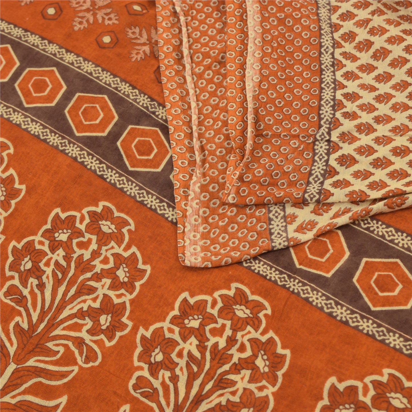 Sanskriti Vintage Sarees Cream/Orange Pure Cotton Printed Sari 5yd Craft Fabric