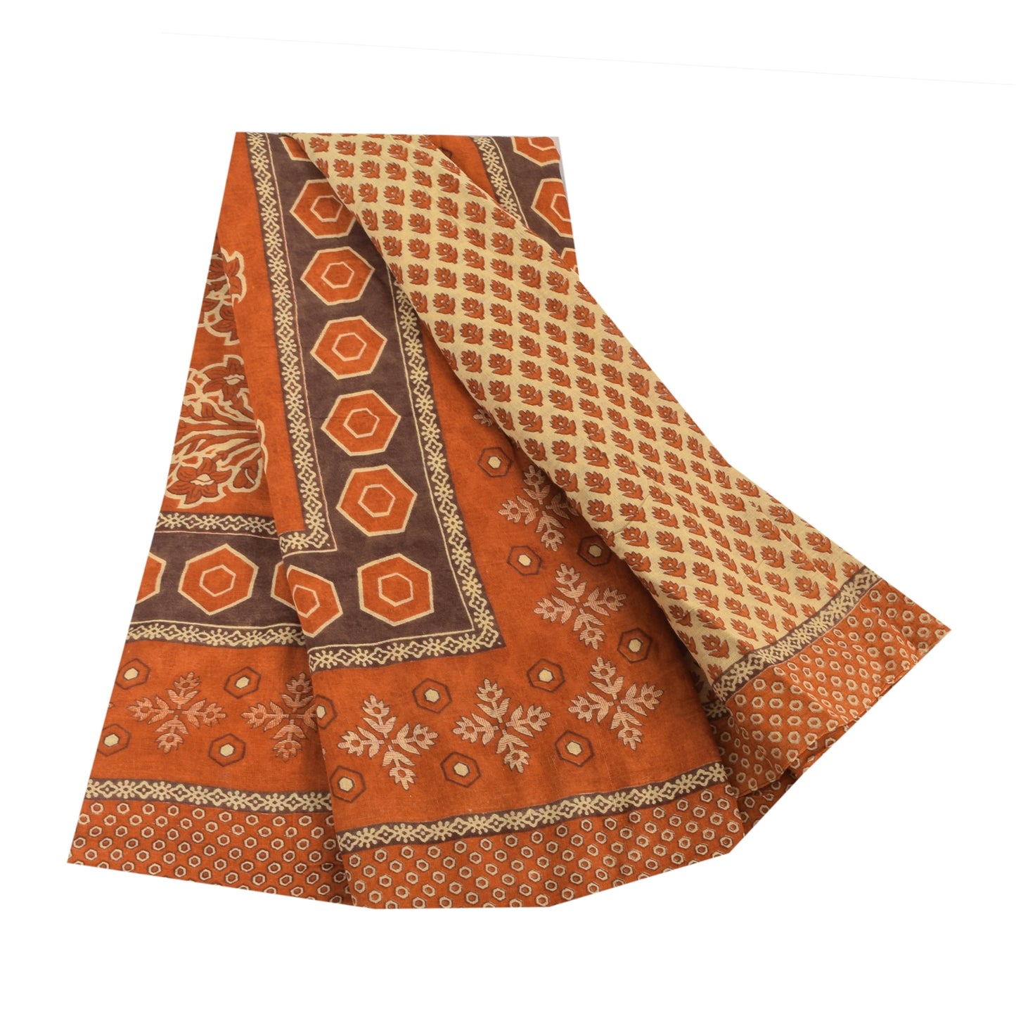 Sanskriti Vintage Sarees Cream/Orange Pure Cotton Printed Sari 5yd Craft Fabric