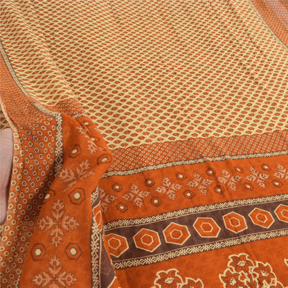 Sanskriti Vintage Sarees Cream/Orange Pure Cotton Printed Sari 5yd Craft Fabric