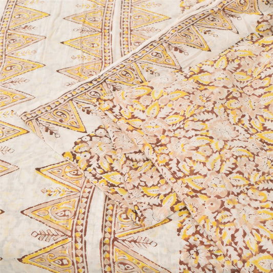 Sanskriti Vintage Sarees Ivory/Yellow Pure Cotton Hand Block Printed Sari Fabric