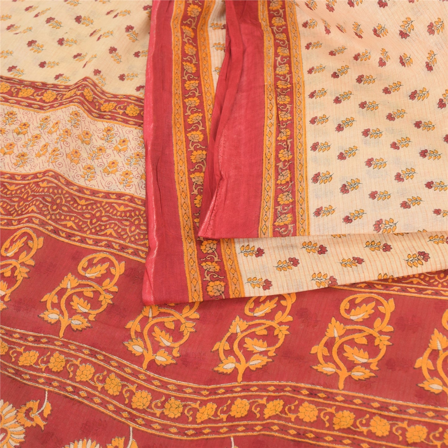 Sanskriti Vintage Sarees Peach/Red Pure Cotton Printed Sari Floral Craft Fabric